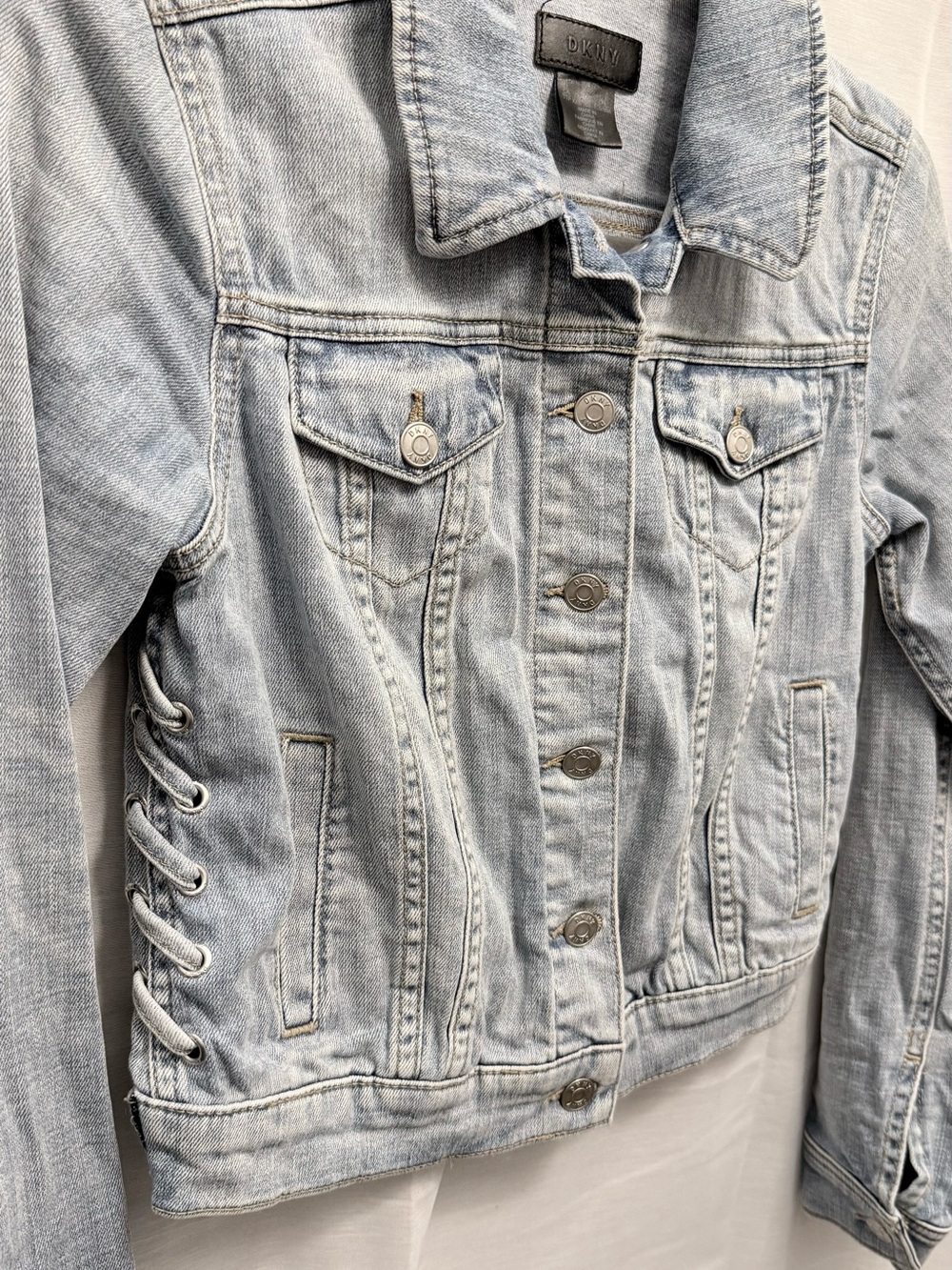 DKNY Light Wash Denim Jacket with Side Lace-Up Detail